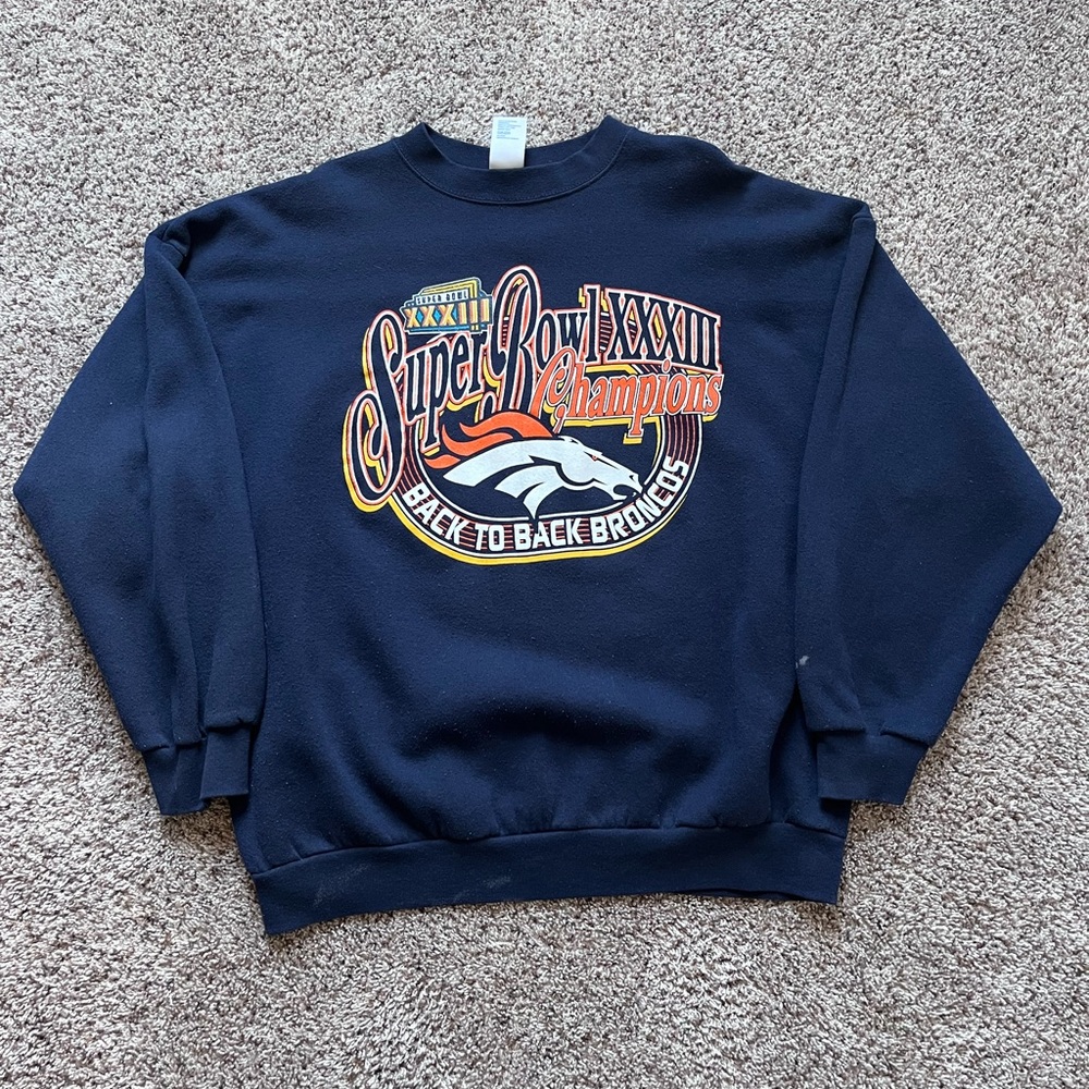 SUPER BOWL 33 CHAMPION CREWNECK SWEATER XXL NAVY BLUE.